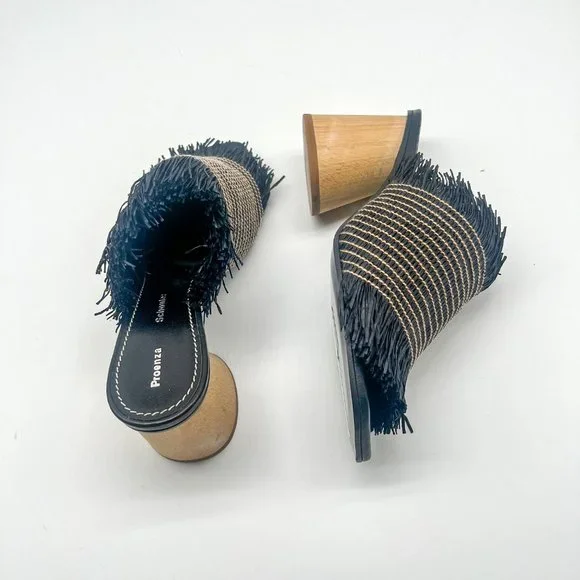 Proenza Schouler Straw Black and Beige Slide Sandal Block Heel Sz 36.5 - Picture 2 of 11